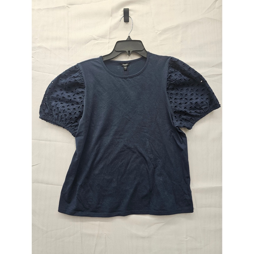 Express Womens Eyelet Puff Sleeve Knit Top Navy Cotton Blend Casual Size Medium
